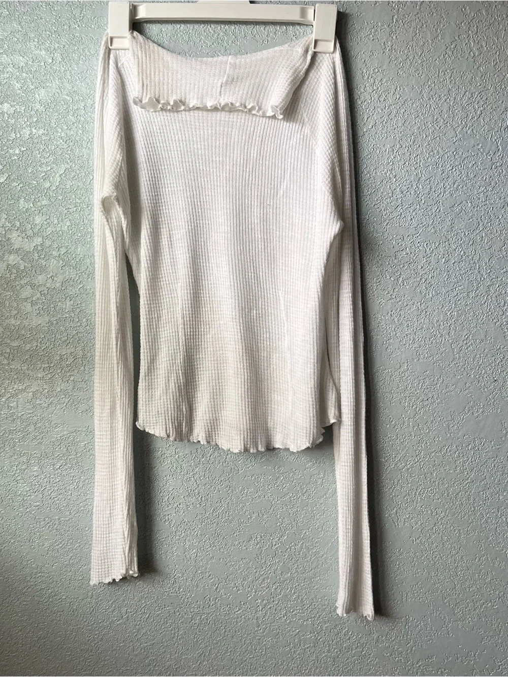 Free People White Thermal Waffle Knit Long Sleeve Top S Ruffle Lettuce Hem